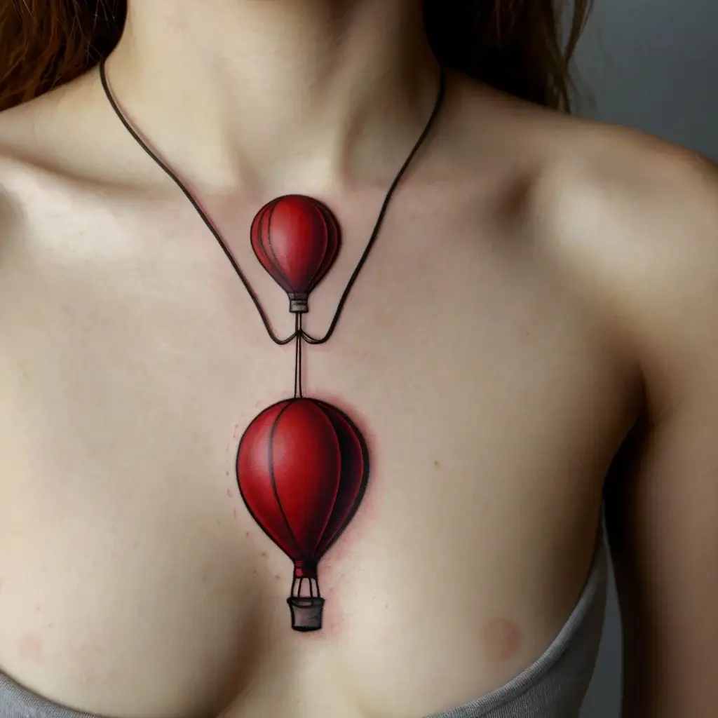 Chest tattoo of two red hot air balloons linked by strings, creating a faux necklace effect.