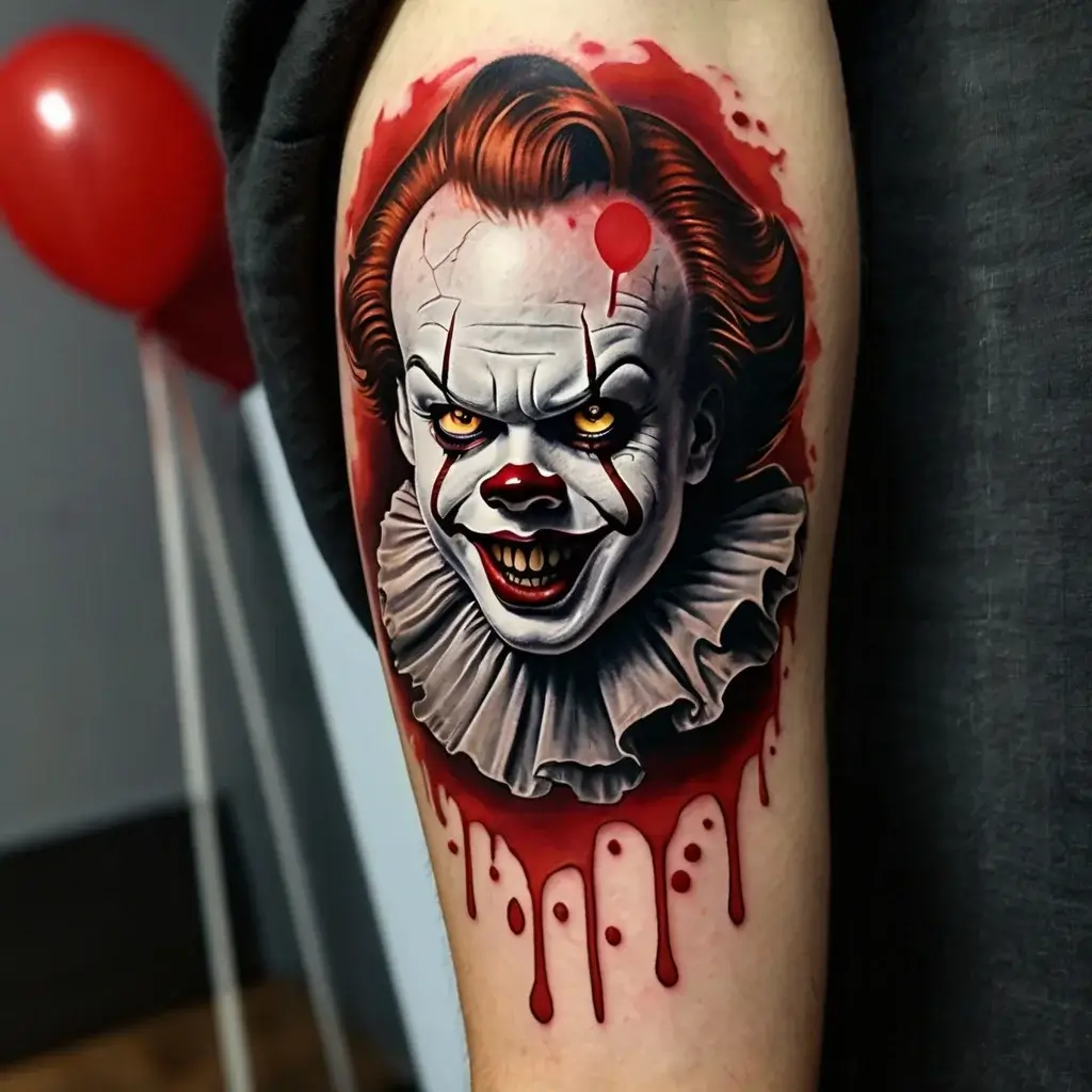 Realistic clown tattoo with sinister smile, vivid red balloon, and dripping ink effect creating a haunting horror theme.