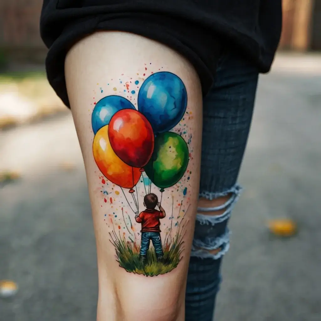 Tattoo of a child holding colorful balloons, standing on grass, with vibrant splashes in the background.