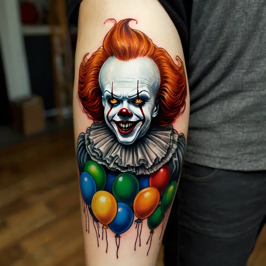 Realistic, vibrant clown tattoo with sharp features, fiery red hair, and colorful balloons underneath on the arm.