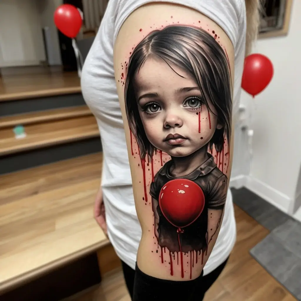 Realistic tattoo of a solemn child with a dripping red balloon, blending photo-realism with bold color accents.