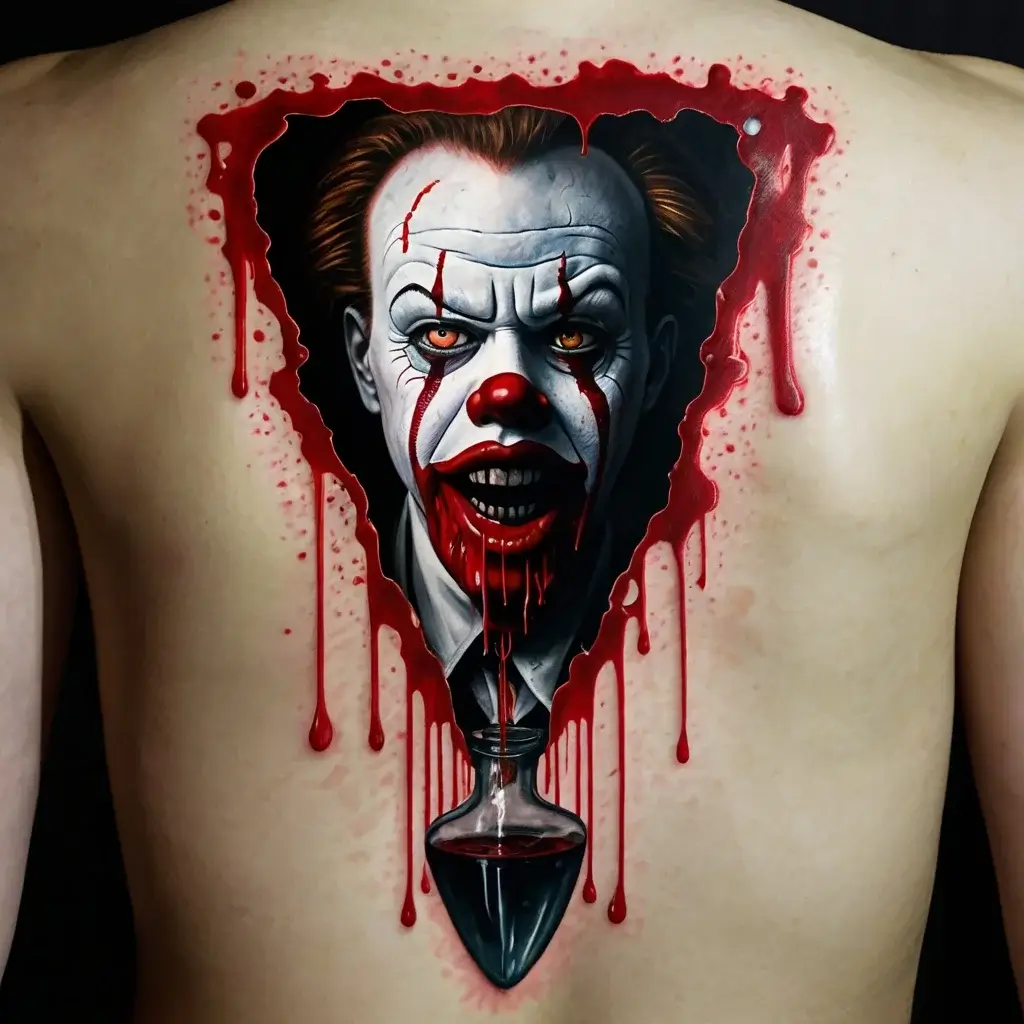 Tattoo of a sinister clown face framed in dripping blood, with dark eyes and a red nose, above an hourglass.