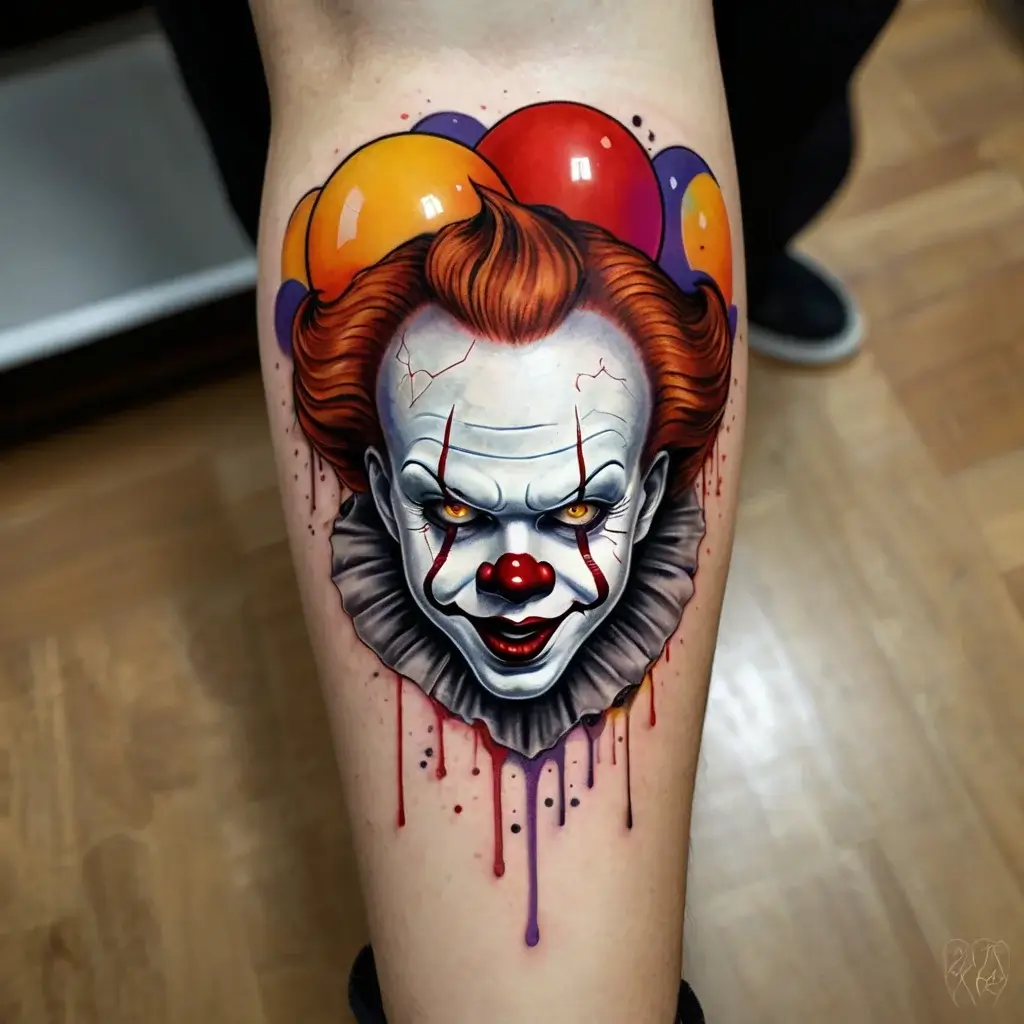 Clown tattoo with vivid balloons and drippy effects, featuring striking eyes and a menacing expression.