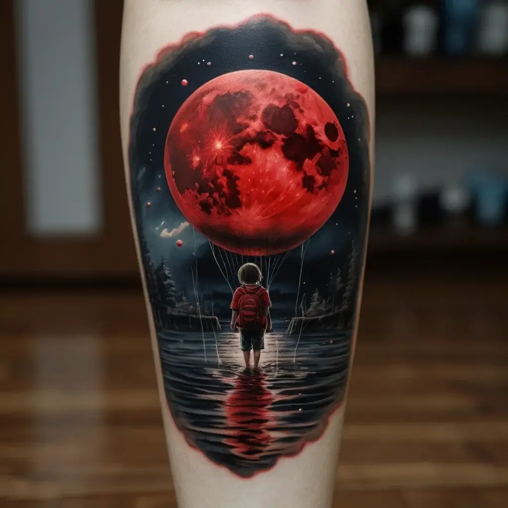 Tattoo of a child holding a red moon balloon, standing in water, with a night sky and forest backdrop.