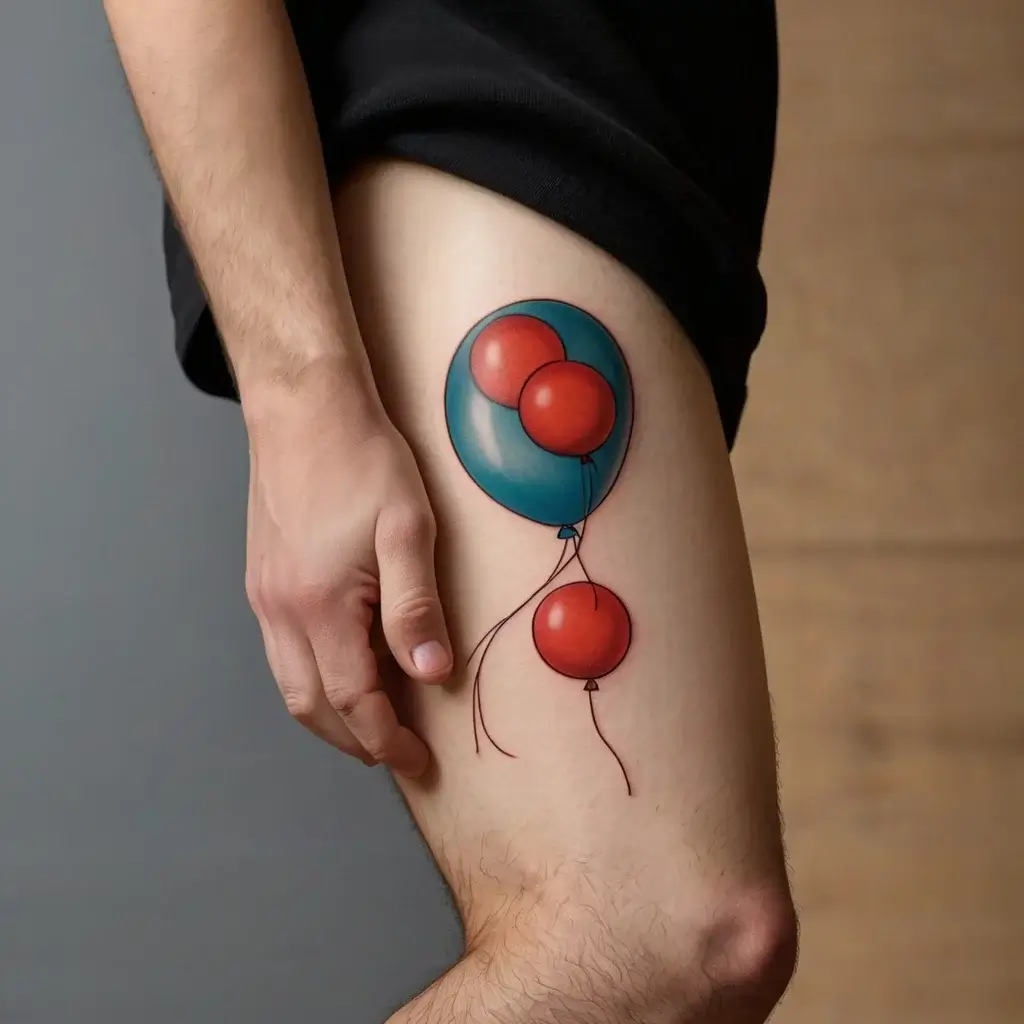 Tattoo of three vibrant balloons, two red and one blue, with delicate strings, on the thigh.