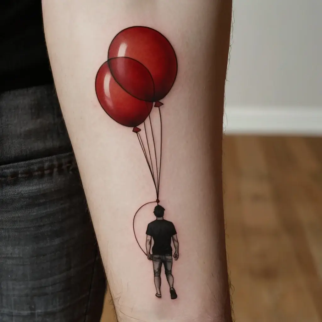 Tattoo of a person holding two realistic red balloons, creating an illusion of floating away.