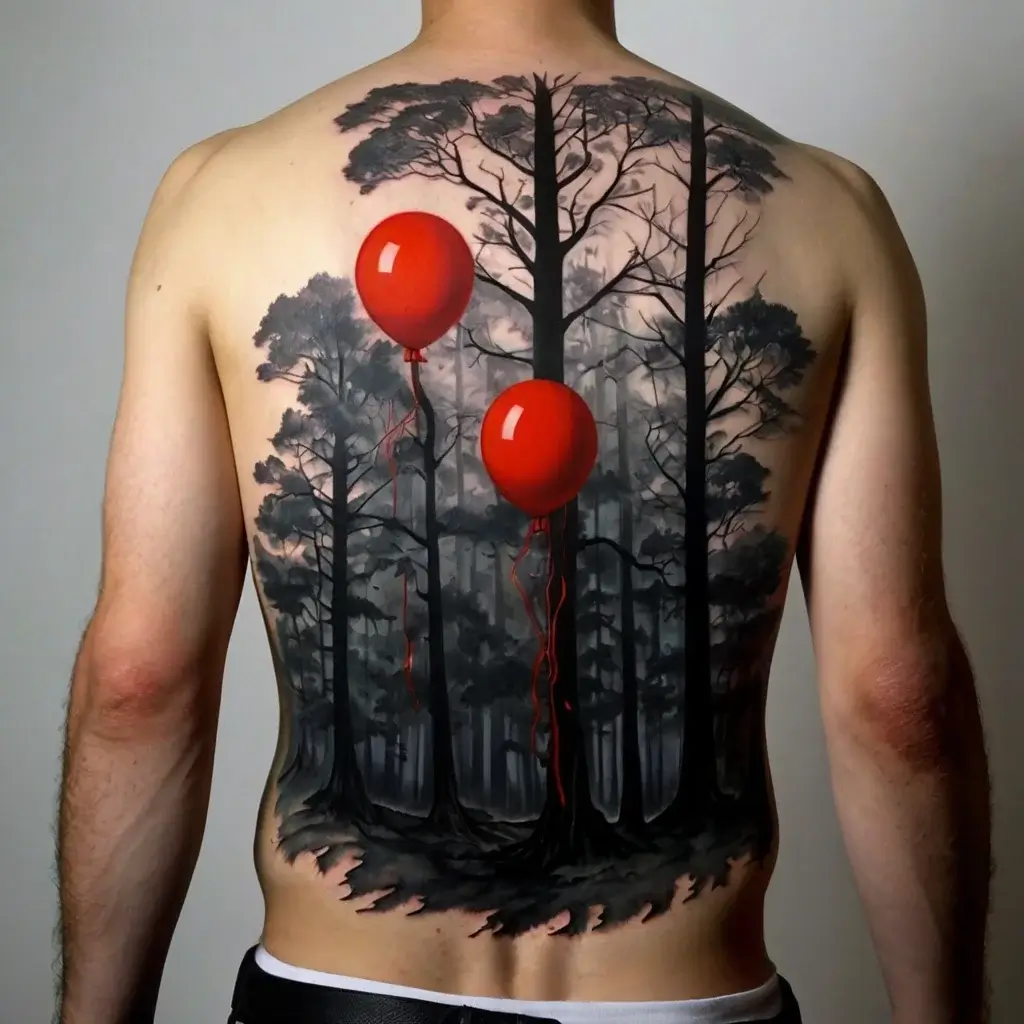 Back tattoo of a dark forest with two vivid red balloons, creating a dramatic contrast and mysterious atmosphere.