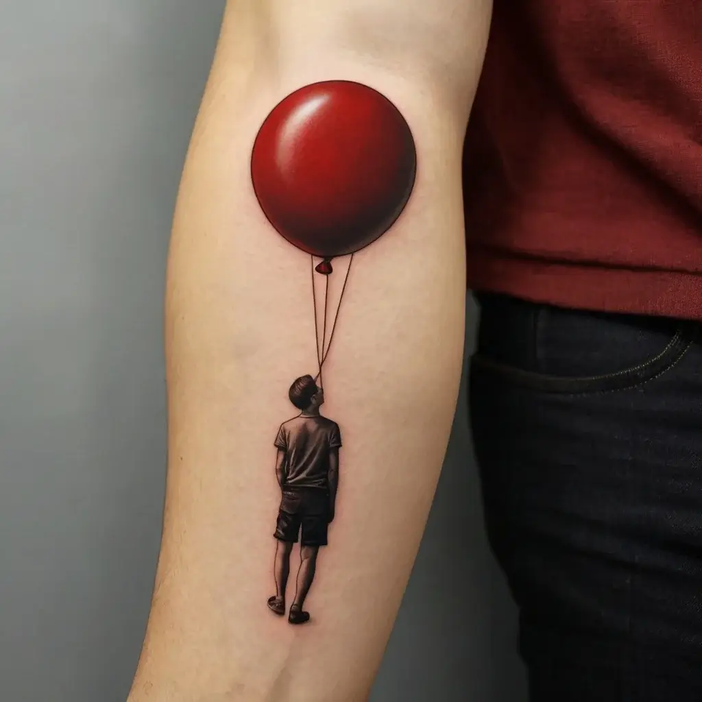 Realistic tattoo of a boy gazing up at a large red balloon, symbolizing innocence and dreams.