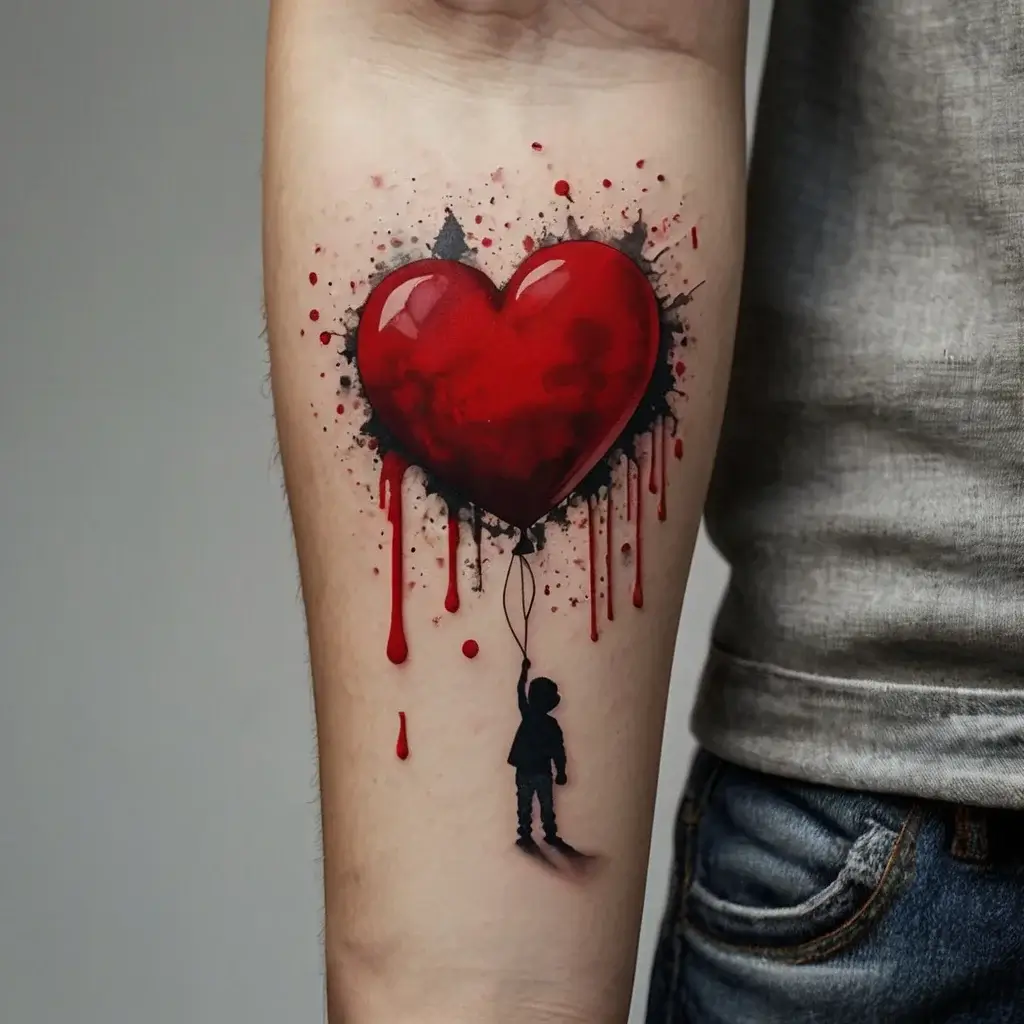 Tattoo of a red heart balloon with a silhouette of a boy holding it, ink splatter and drips for an artistic effect.