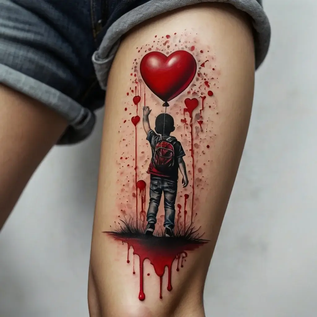 A child holding a red heart balloon, surrounded by splattered paint and dripping effects for a vivid, emotional design.