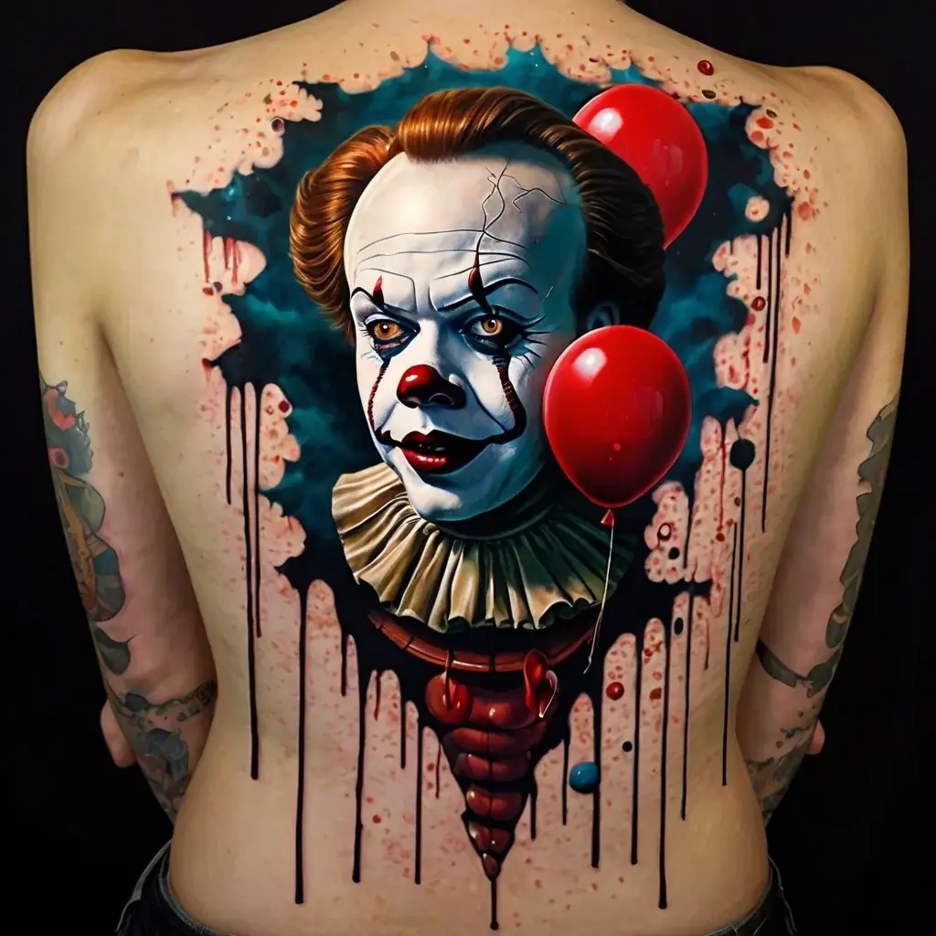 Realistic back tattoo of a sinister clown with red balloons, featuring dramatic shading and dripping ink effects.