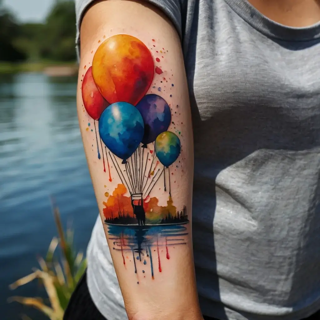 Watercolor tattoo of colorful balloons lifting a person over a scenic landscape, reflecting in water on the forearm.