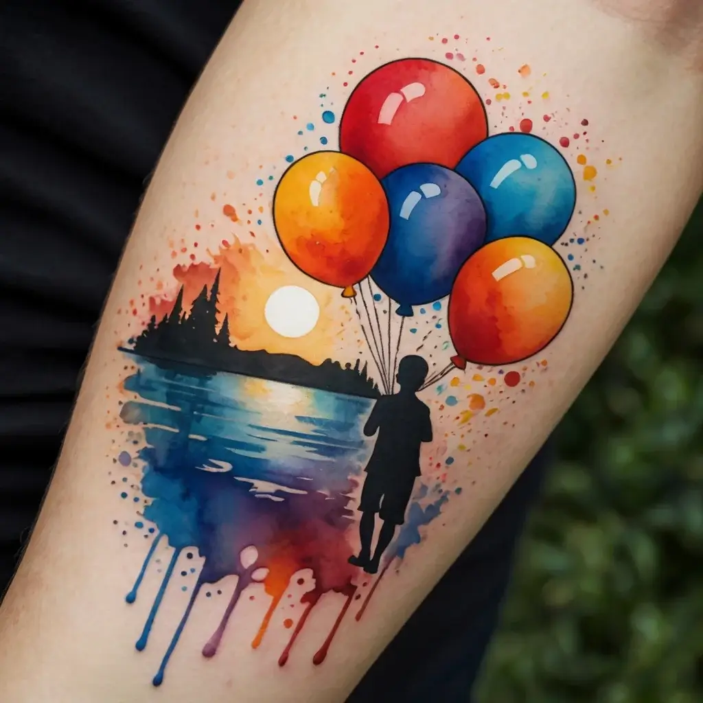 A vibrant tattoo of a silhouette child with colorful balloons, set against a sunset and lake in watercolor style.