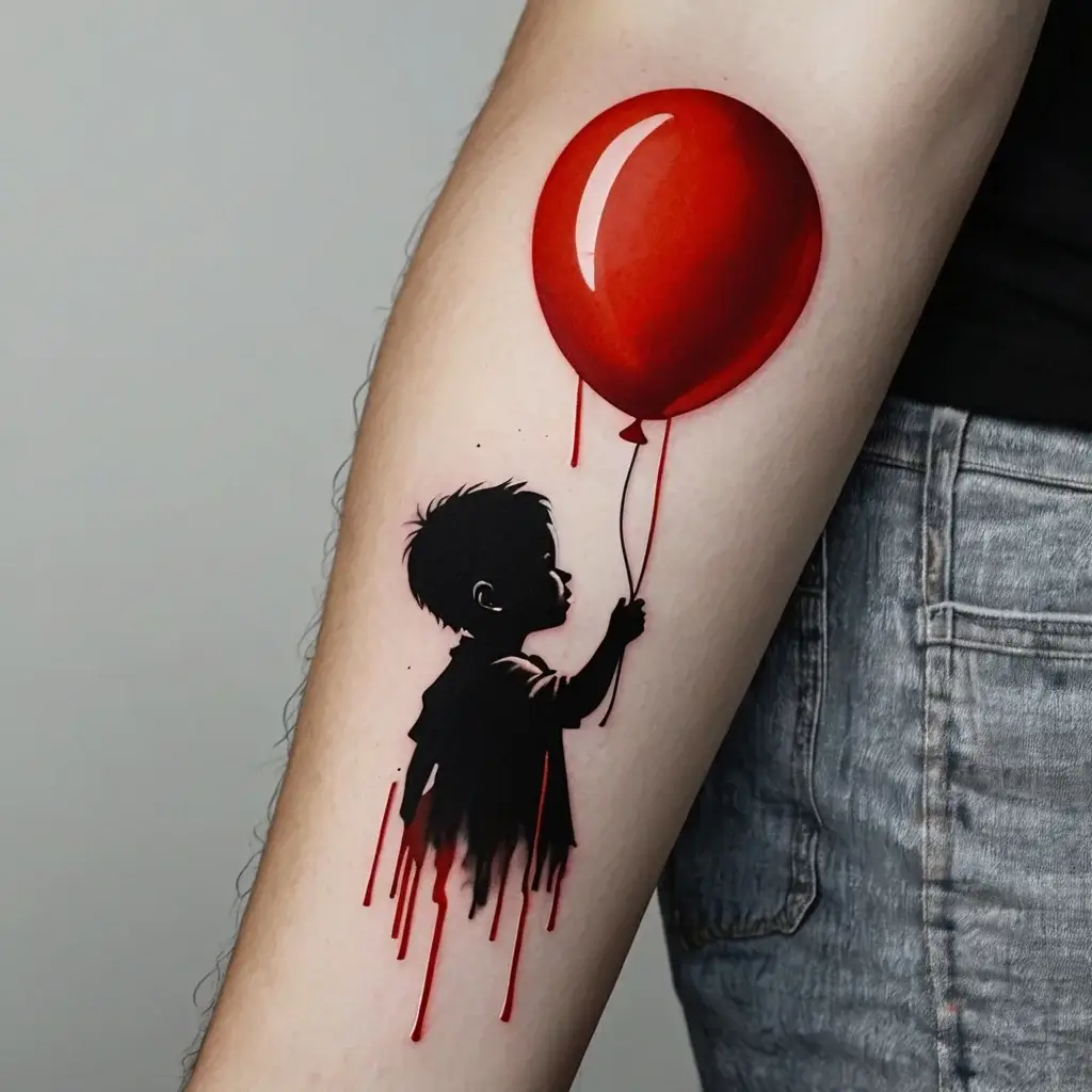 Silhouette of a child holding a vibrant red balloon, with dripping ink effect for a striking contrast and depth.