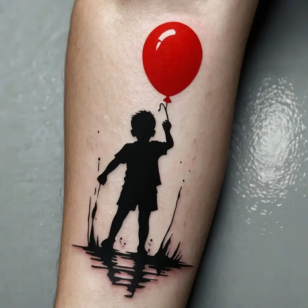 Silhouette of a child with a bright red balloon, reflected in water; a symbol of innocence and dreams.