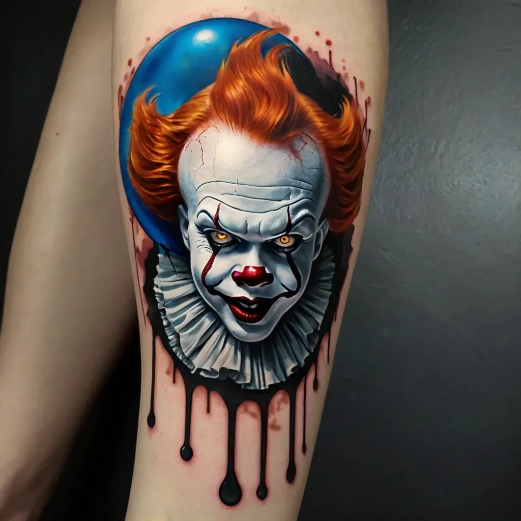 Realistic Pennywise tattoo with piercing eyes, vibrant orange hair, blue balloon, and dripping black ink details.