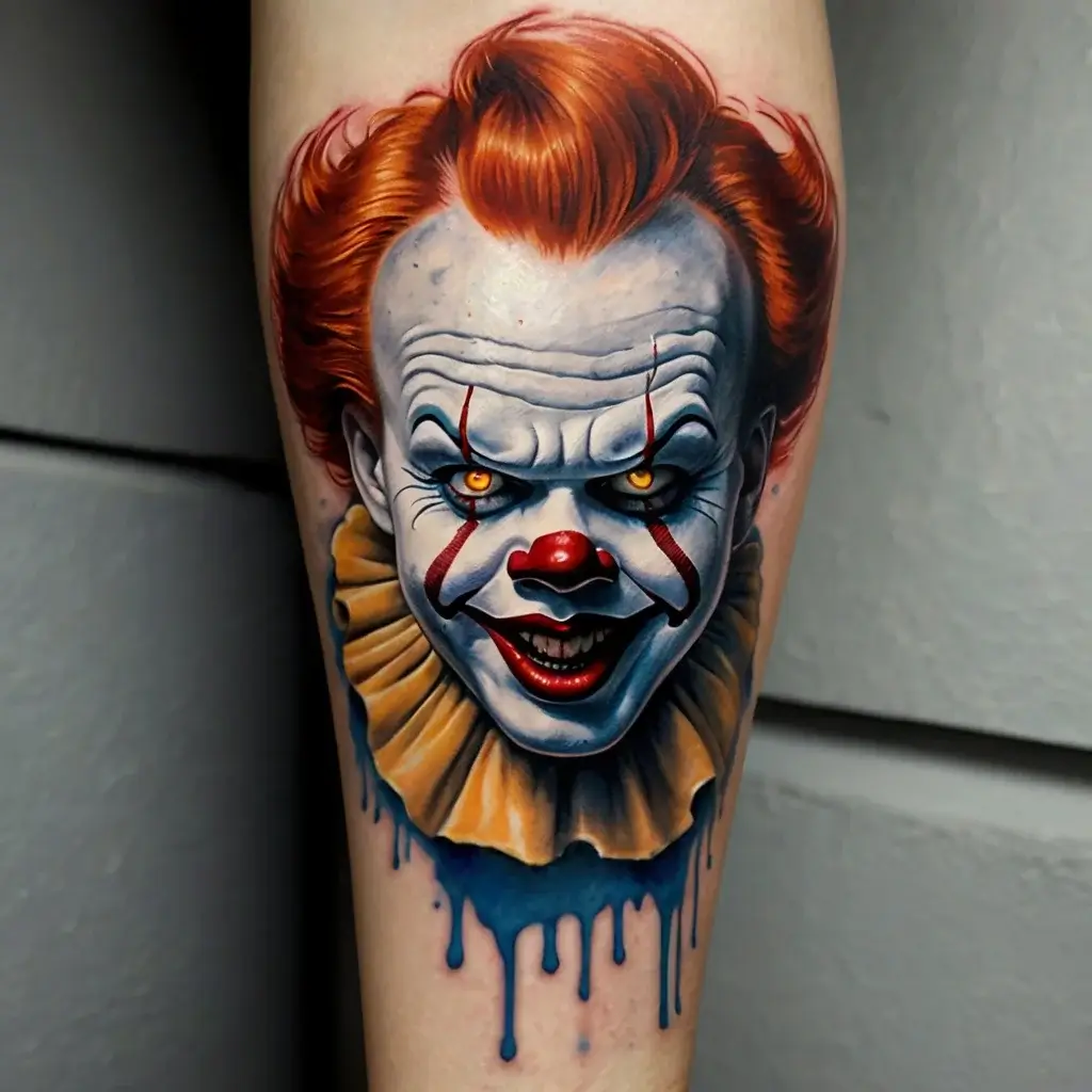 Realistic clown tattoo with fiery hair, intense eyes, and a dripping blue background, exuding a menacing aura.