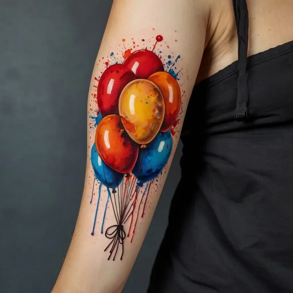 Colorful balloons tattoo with red, orange, and blue balloons tied together, featuring watercolor splashes on the arm.