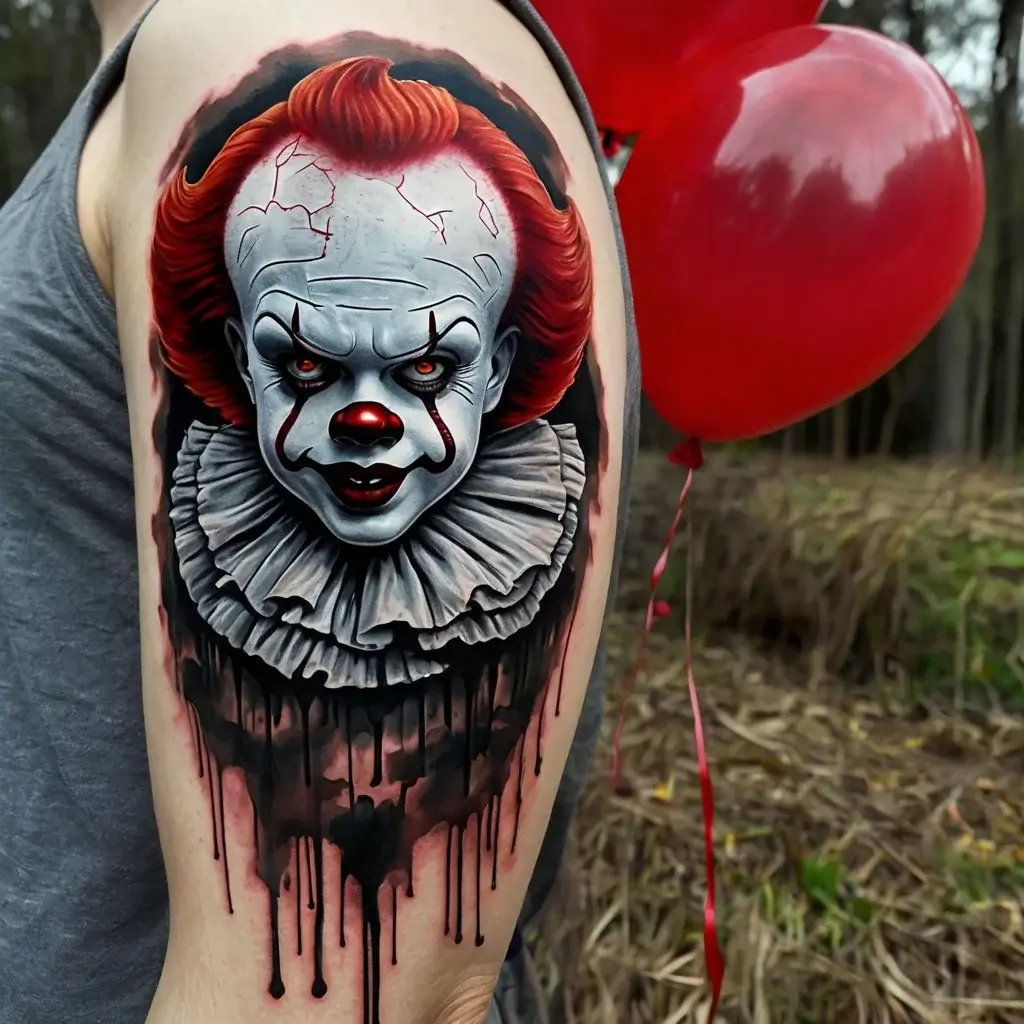 Realistic tattoo of a sinister clown with cracked face paint and red hair, detailed ruffled collar, and dripping shadows.