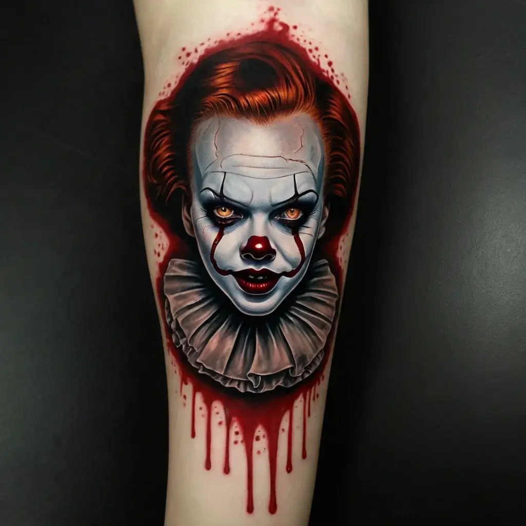 Realistic clown tattoo with sharp detail, red hair, and blood-like drips on a forearm, creating a haunting effect.