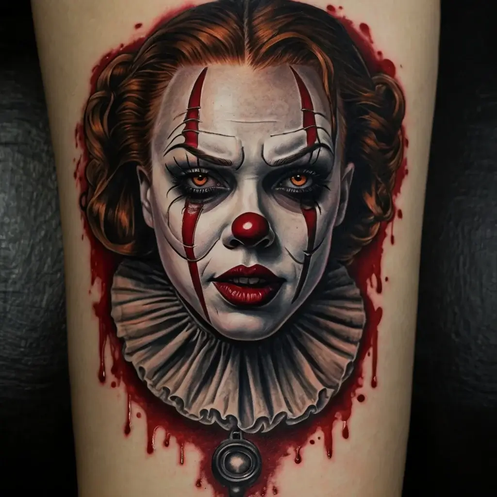 Realistic clown face tattoo with red makeup accents, ruffled collar, and haunting eyes, bordered by a blood-like effect.