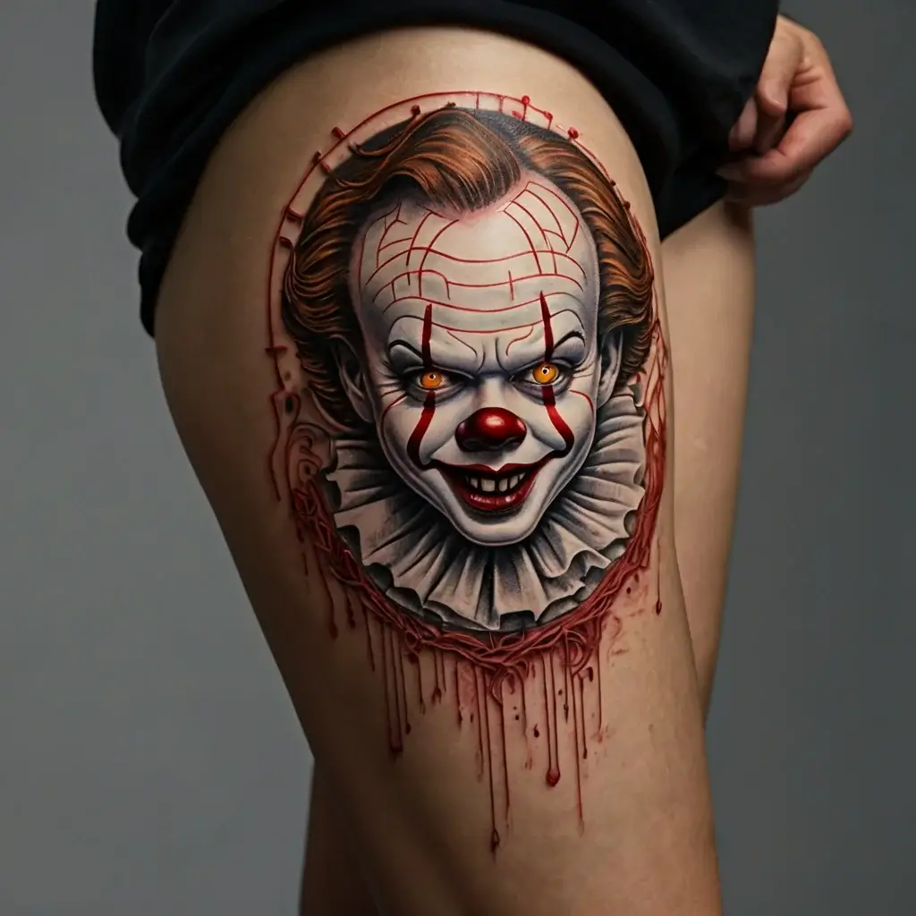 Tattoo of an eerie clown face with vivid orange eyes, detailed makeup, and a ruffled collar on a thigh. Blood-like drips below.