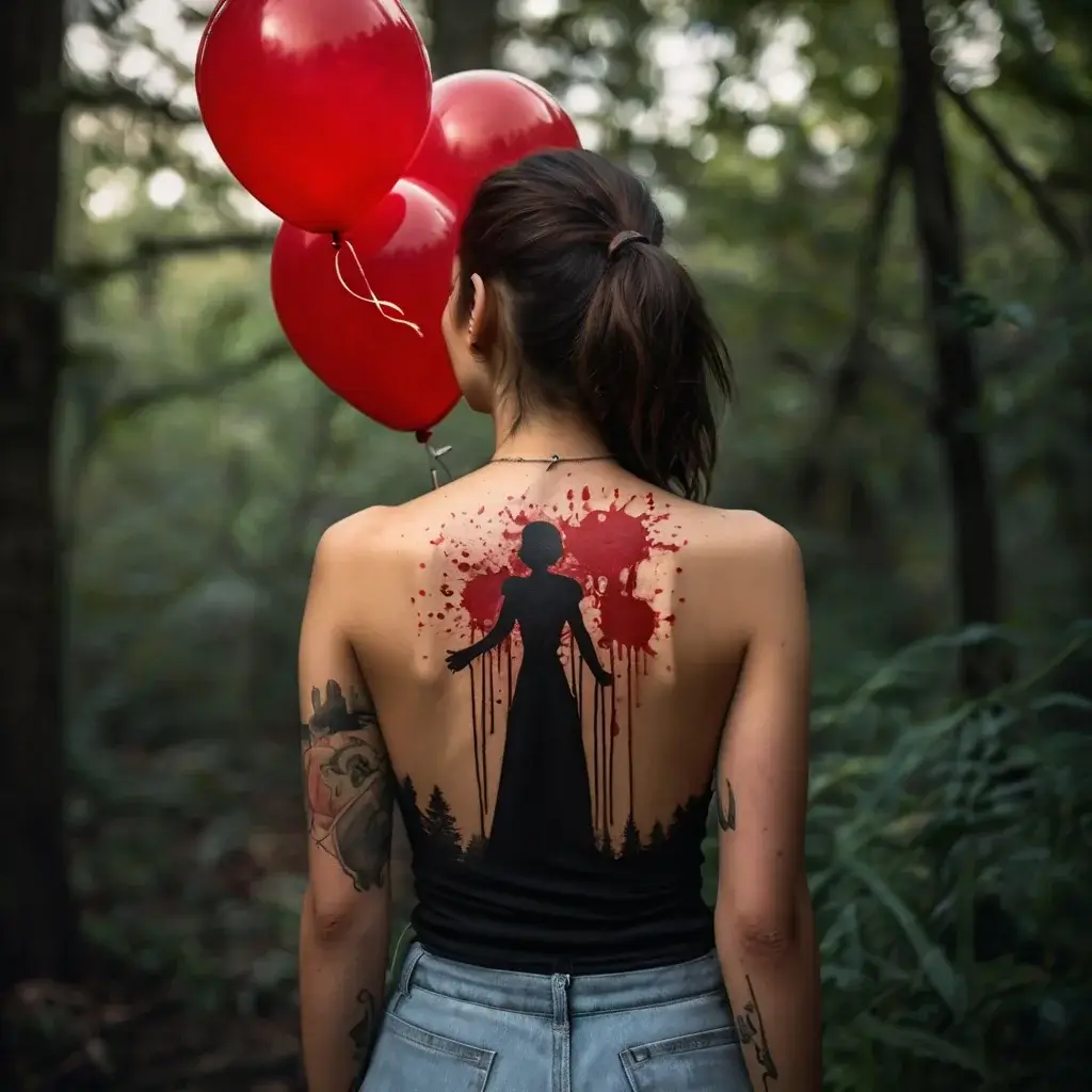 Silhouette of a woman in a forest with red splatters, creating a haunting and mysterious back tattoo design.