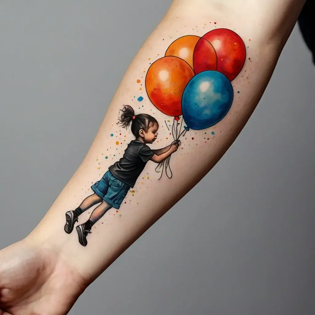 Tattoo of a child holding vibrant balloons, floating upwards. Detailed realism with splashes of colorful dots, symbolizing whimsy.