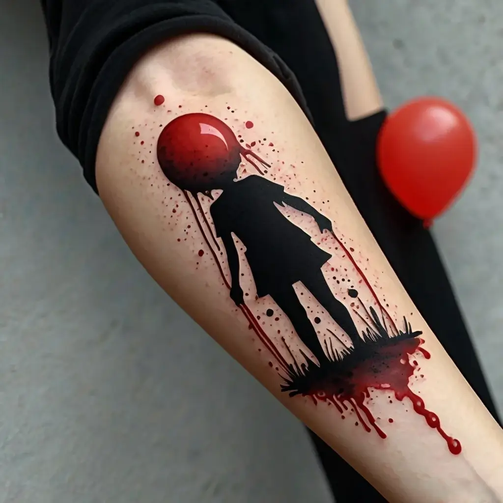 Silhouette of a girl with a red balloon head, splattered ink style, blending into abstract grass and dripping effect.