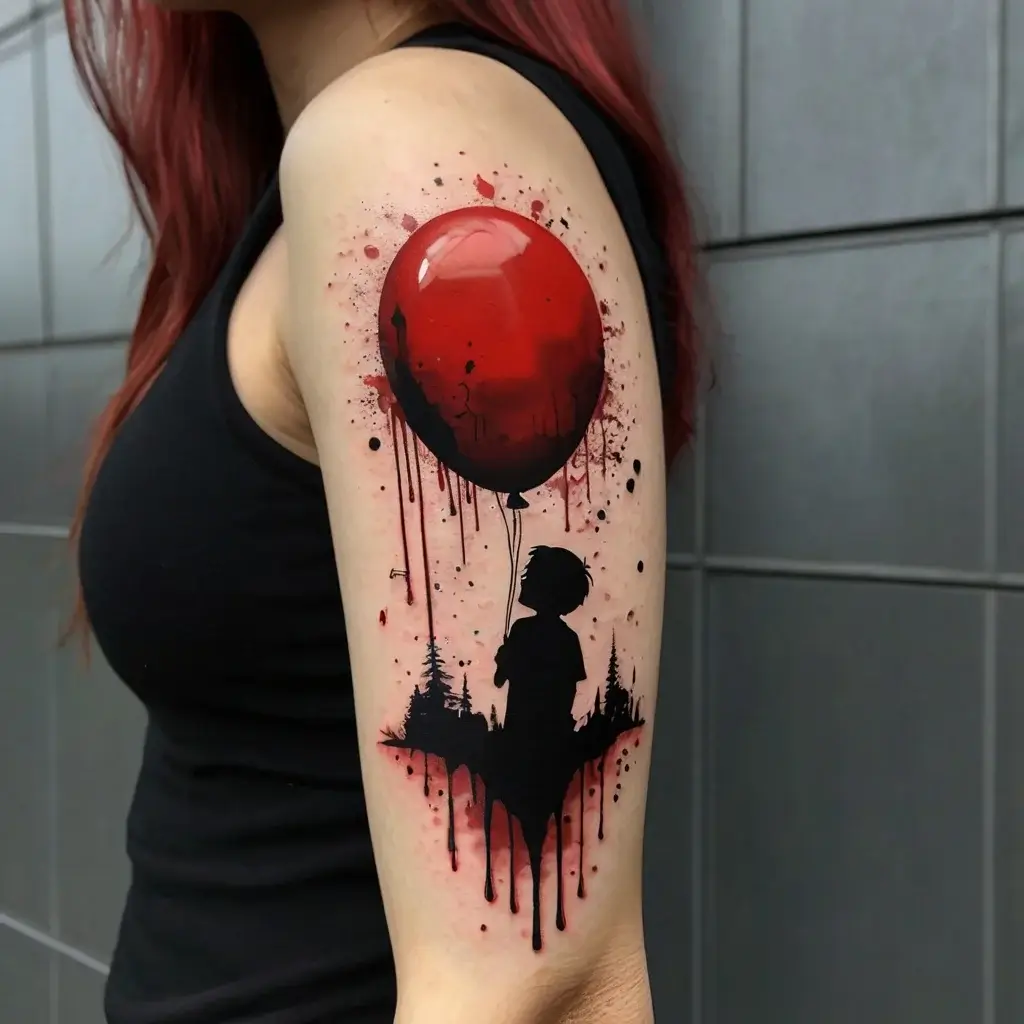 Tattoo of a silhouette holding a red balloon, with dripping ink and tree line detail, blending realism and abstract art.