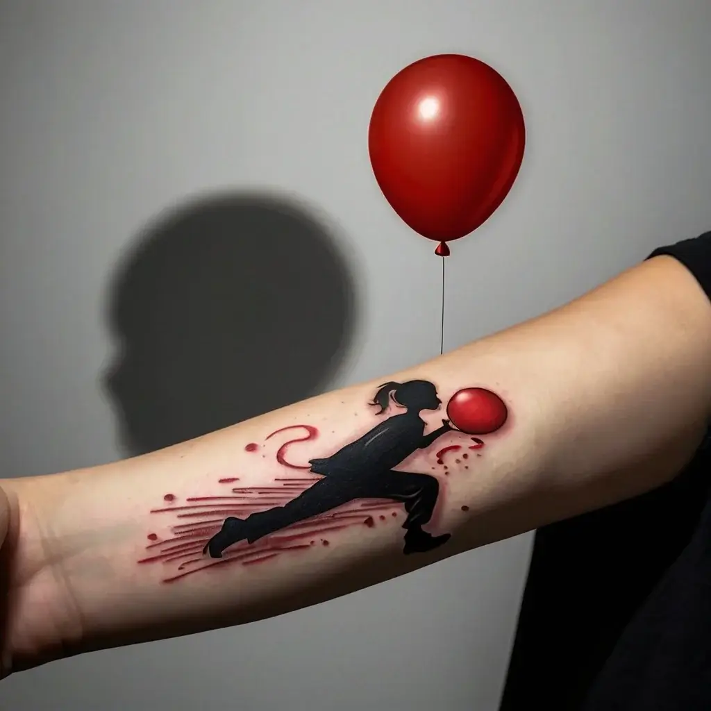 Silhouette of a running girl with a red balloon, symbolizing freedom and whimsy, incorporating dynamic motion lines.