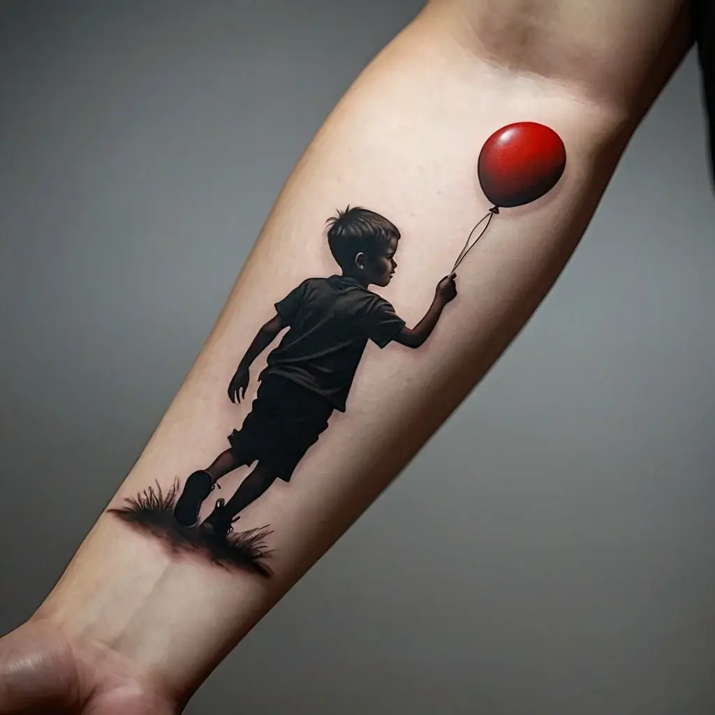 Silhouette of a child holding a red balloon tattoo, symbolizing innocence and freedom, on the forearm.