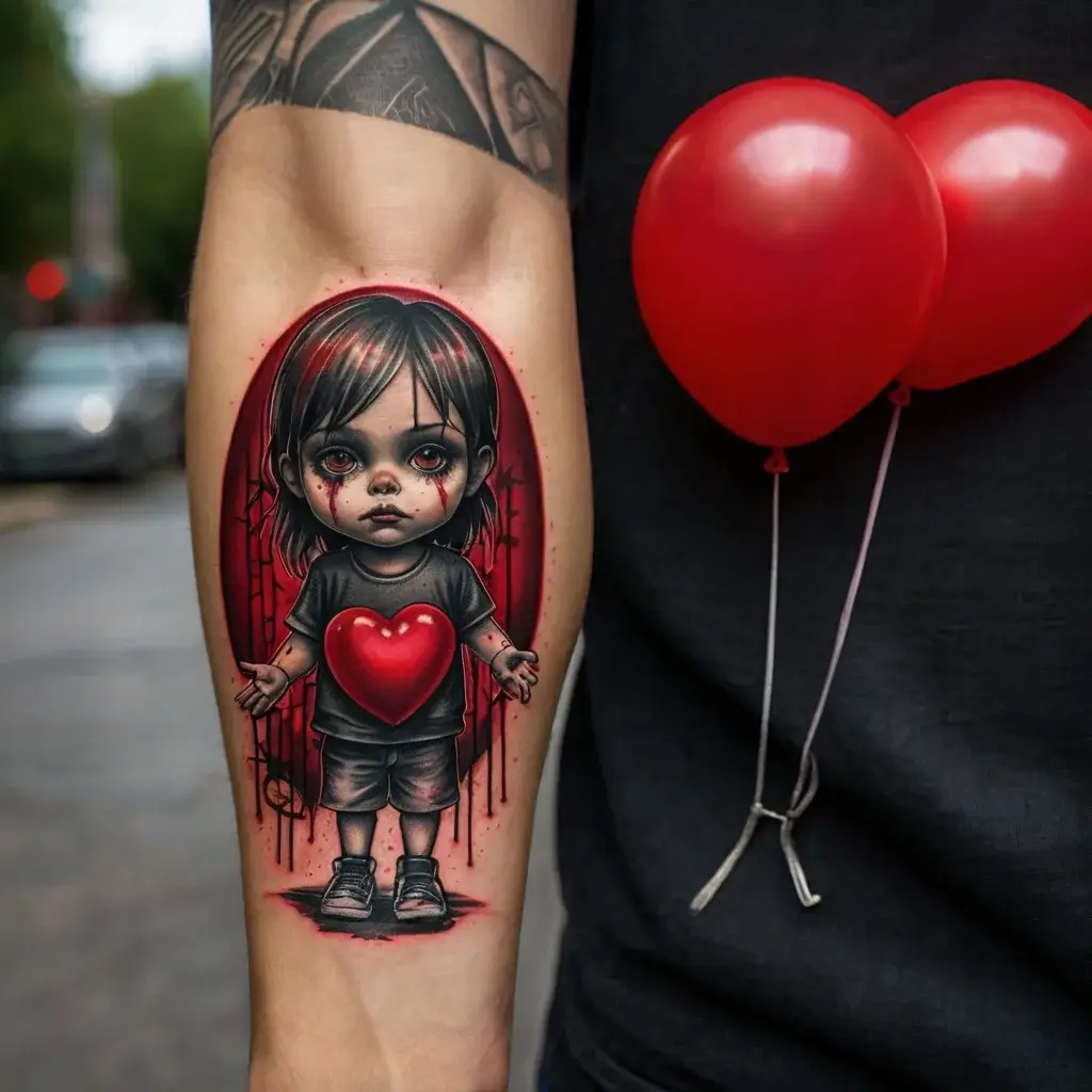 Tattoo of a solemn child with red eyes and a large red heart on the shirt, surrounded by a red and black gradient.