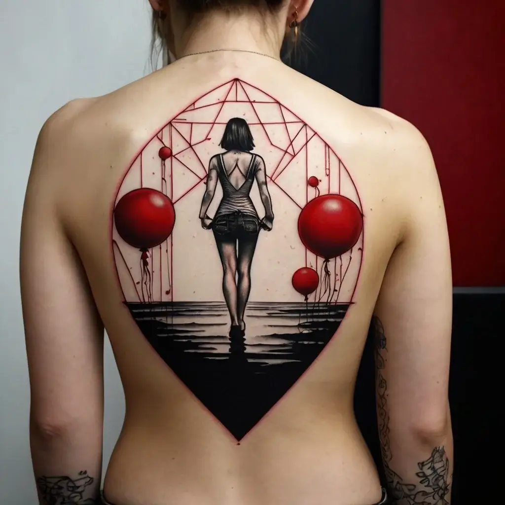 Tattoo of a woman walking into water with red balloons and geometric lines, set within a teardrop outline on the back.