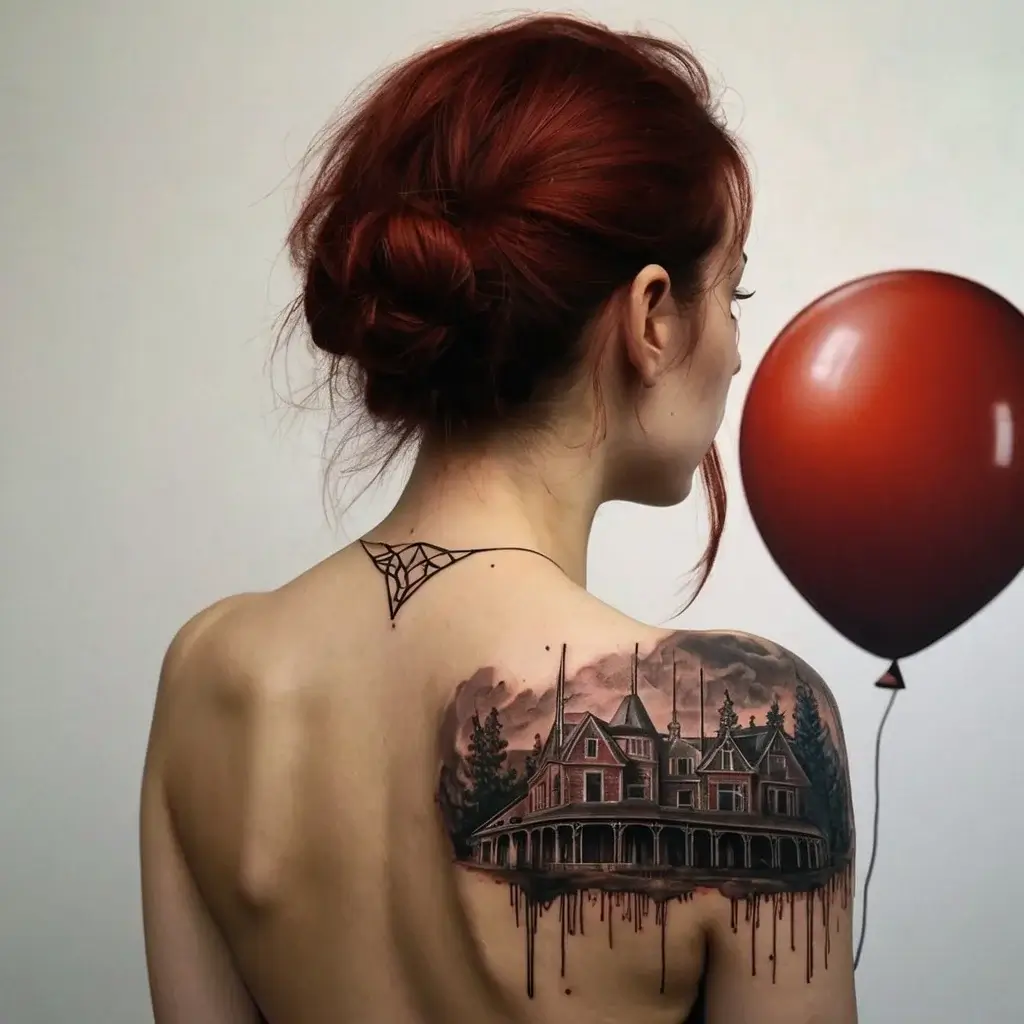 Tattoo of a haunted house with eerie trees, ink drips below; geometric design near neck adds contrast.