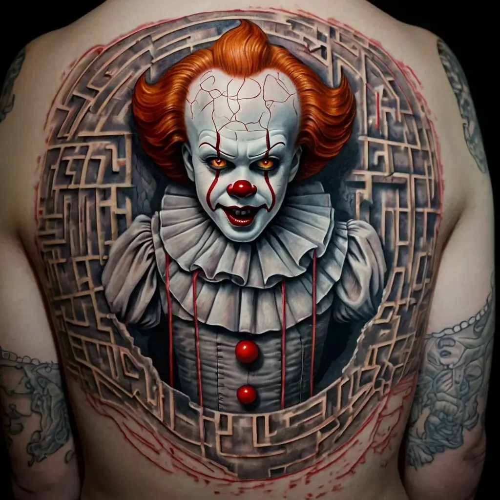 Realistic tattoo of a menacing clown face with eerie orange eyes and red hair, framed by a complex, circular labyrinth.