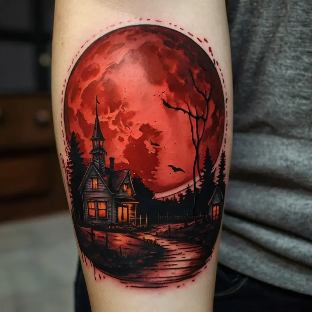 Tattoo of a haunted house under a vivid red moon, surrounded by dark trees and bats, creating an eerie, mystical scene.