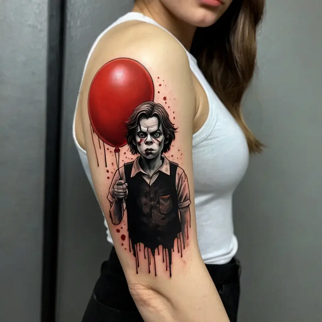 Tattoo of a sinister clown holding a red balloon, with dripping ink and splatter effects, on the upper arm.