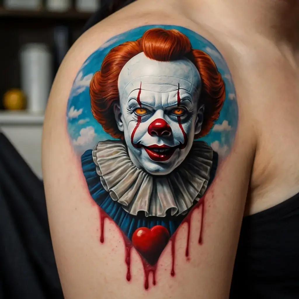 Lifelike clown tattoo with vivid colors, eerie expression, dripping red details, and heart with blue sky background on shoulder.