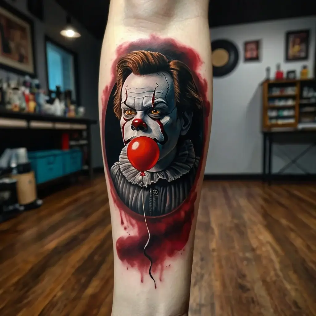 Realistic tattoo of a sinister clown with piercing eyes, white makeup, and a red balloon, set against a dark background.