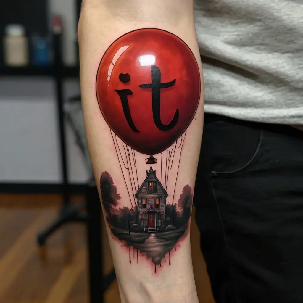 Tattoo of a red balloon with it written on it, suspending a detailed haunted house, creating a chilling atmosphere.