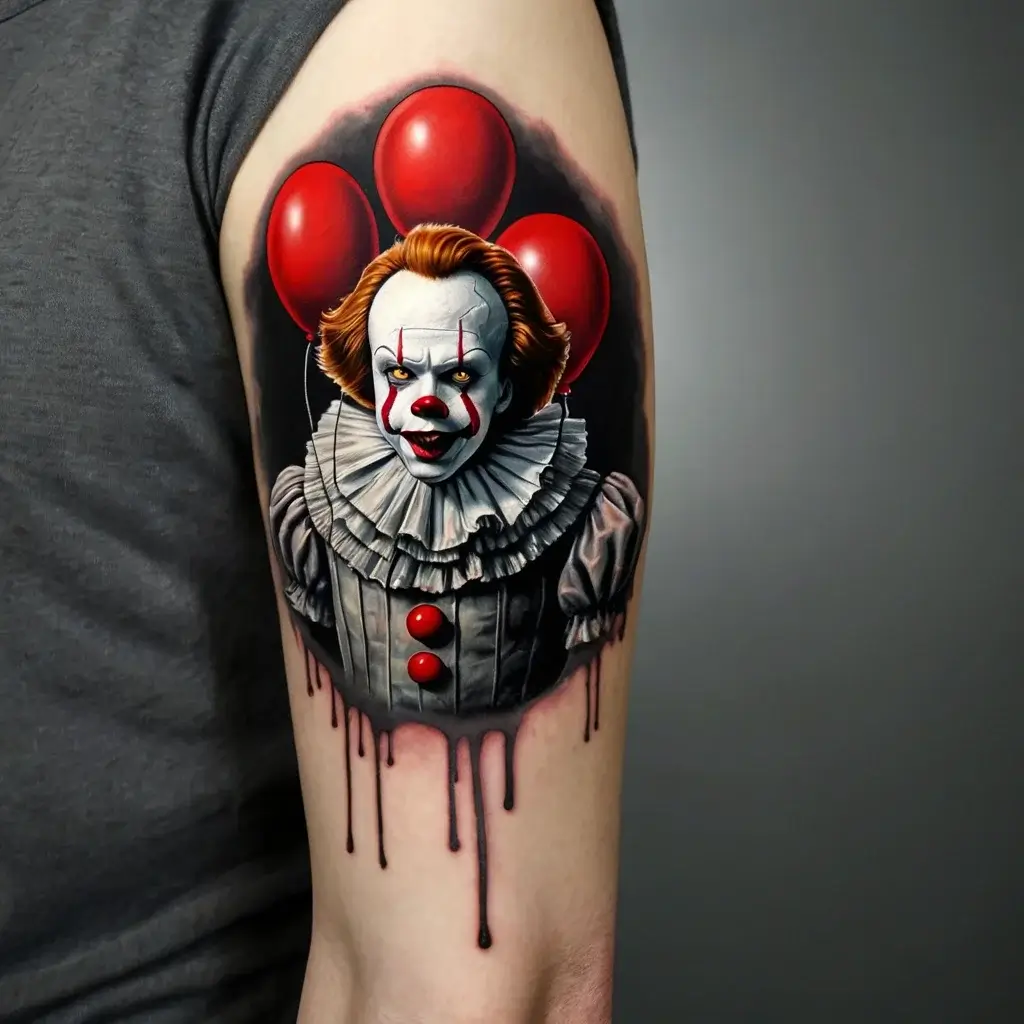 Realistic tattoo of a sinister clown with red balloons and dripping ink effect, capturing a chilling horror theme.