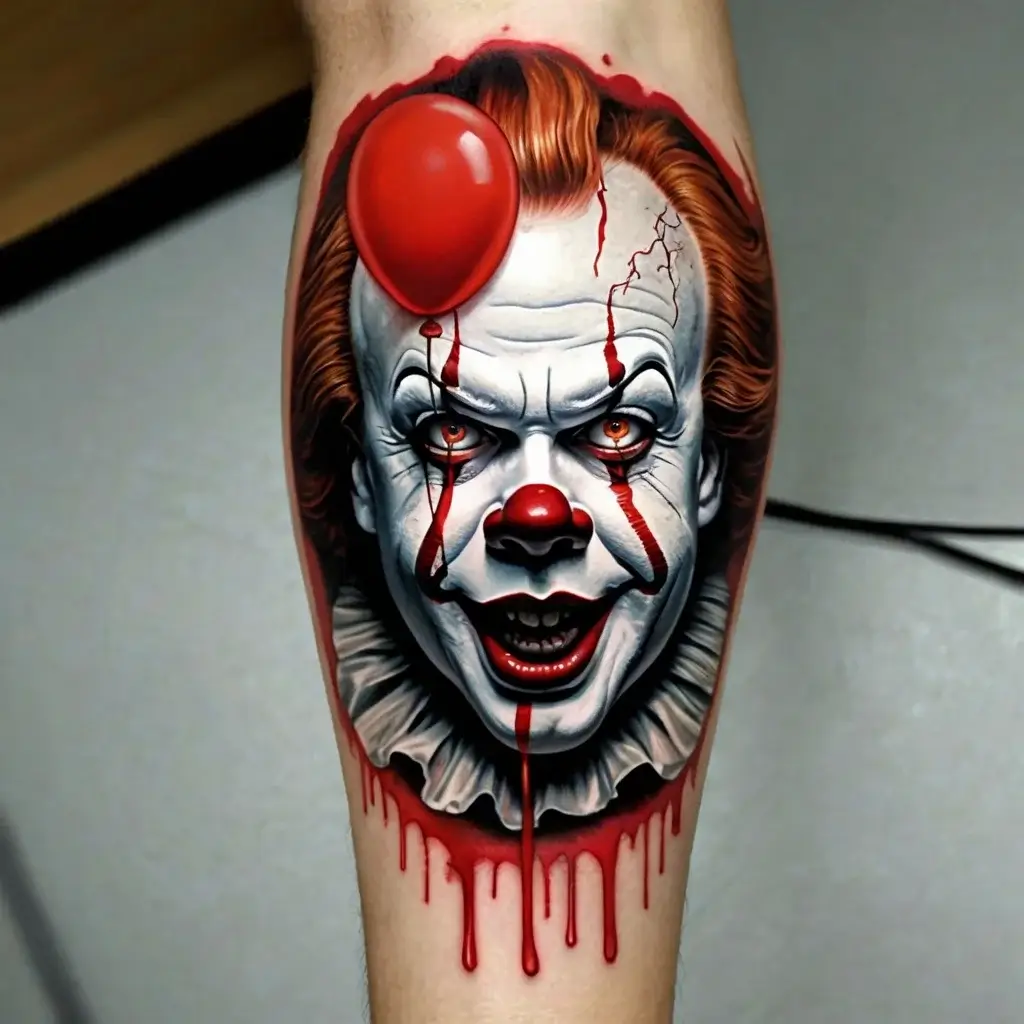 Tattoo of a sinister clown with a red balloon, blood-like drips, capturing eerie realism and haunting expression.