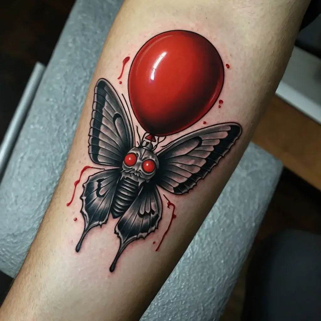 Tattoo of a black moth with vibrant red eyes, tethered to a bright red balloon, creating a surreal and striking contrast.