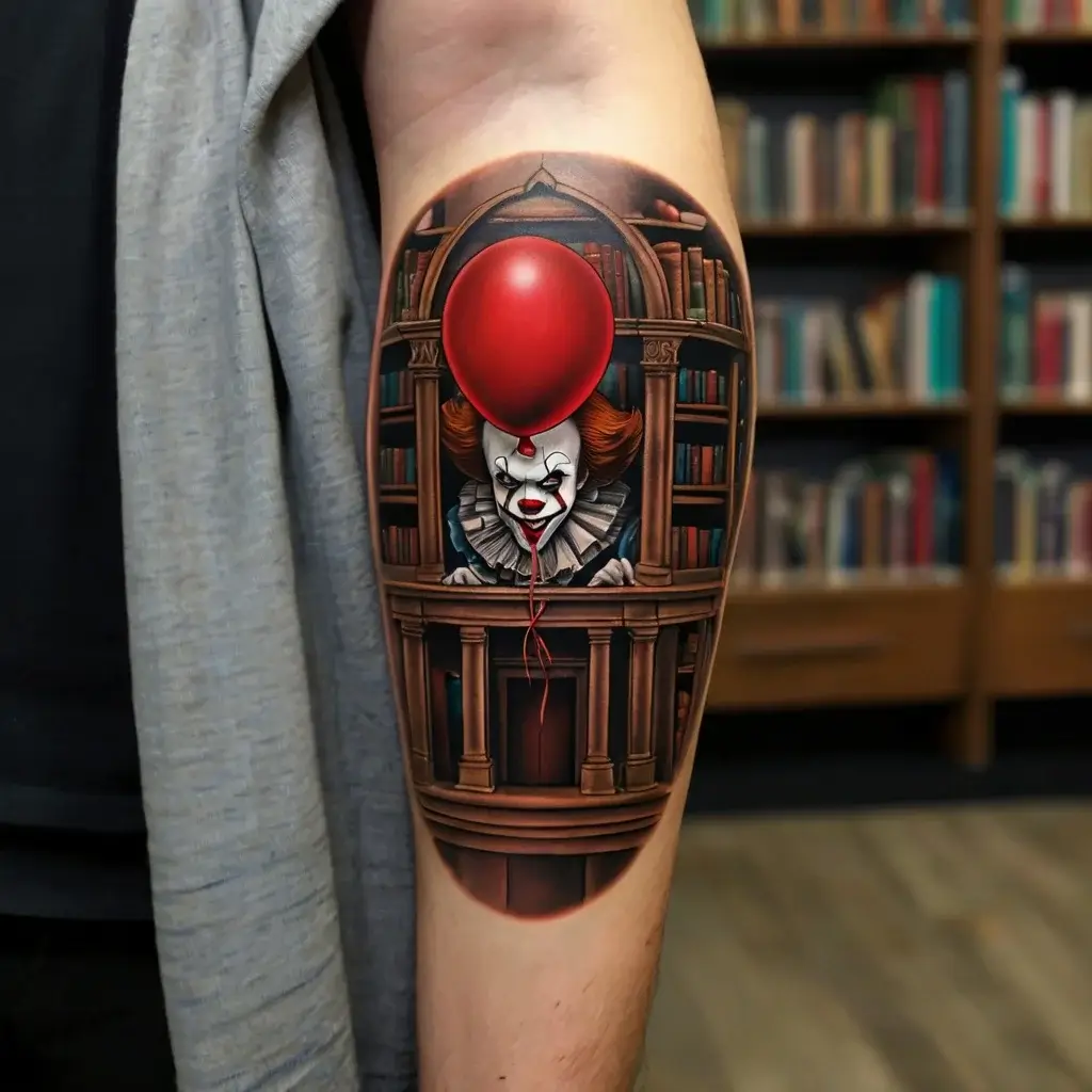 Realistic tattoo of a clown with a red balloon peeking through a bookshelf, blending horror and literary themes.