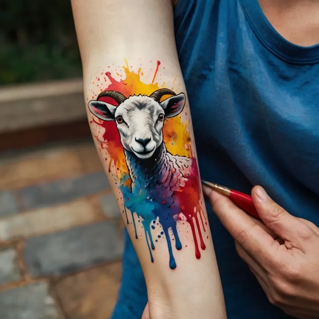 Abstract sheep tattoo: vibrant splashes of red, orange, blue highlight a realistic sheep portrait on the forearm.