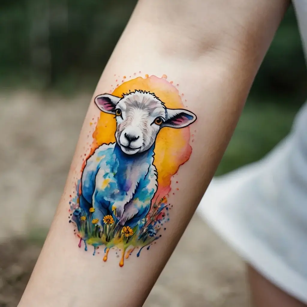 Watercolor tattoo of a lamb, blending blue and orange hues with flowers around, creating a vibrant, nature-inspired design.