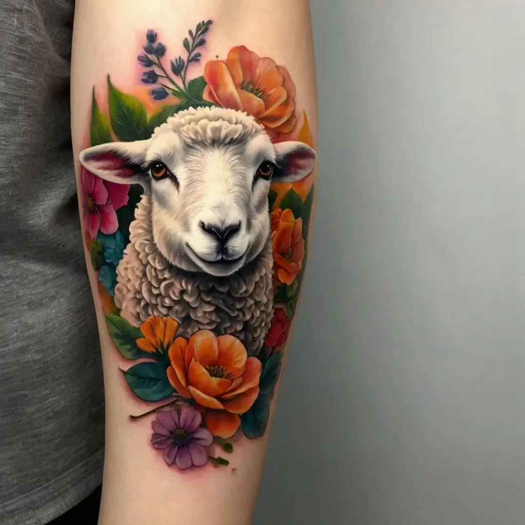 Realistic sheep tattoo surrounded by vibrant orange and pink flowers with green leaves, showcasing vivid detail.