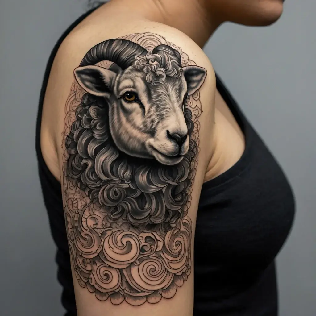 Intricately detailed ram tattoo on upper arm, showcasing realistic textures and swirling patterns in grayscale.