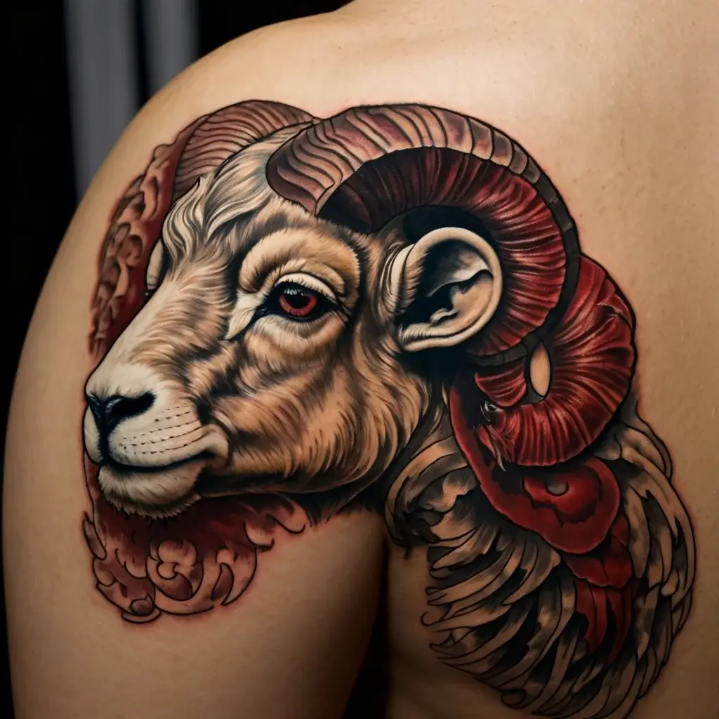 Realistic ram tattoo on shoulder with intricate red and brown horns, flowing fur, and detailed shading.